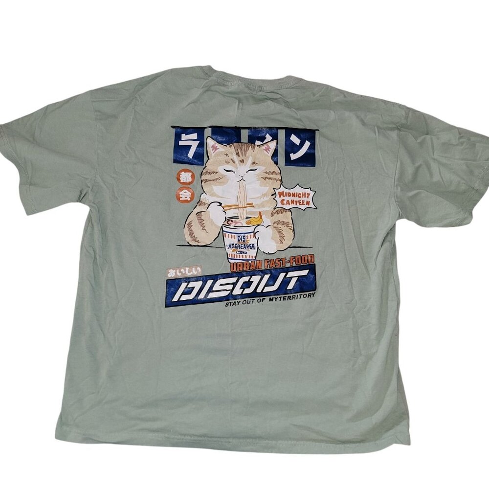 Elfric Eden Graphic Cat T-Shirt Size L Mint Green Urban Fast-Food Design